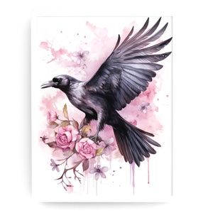 Watercolor Floral Crow Raven Wall Art Illustration Print Poster Card Unframed